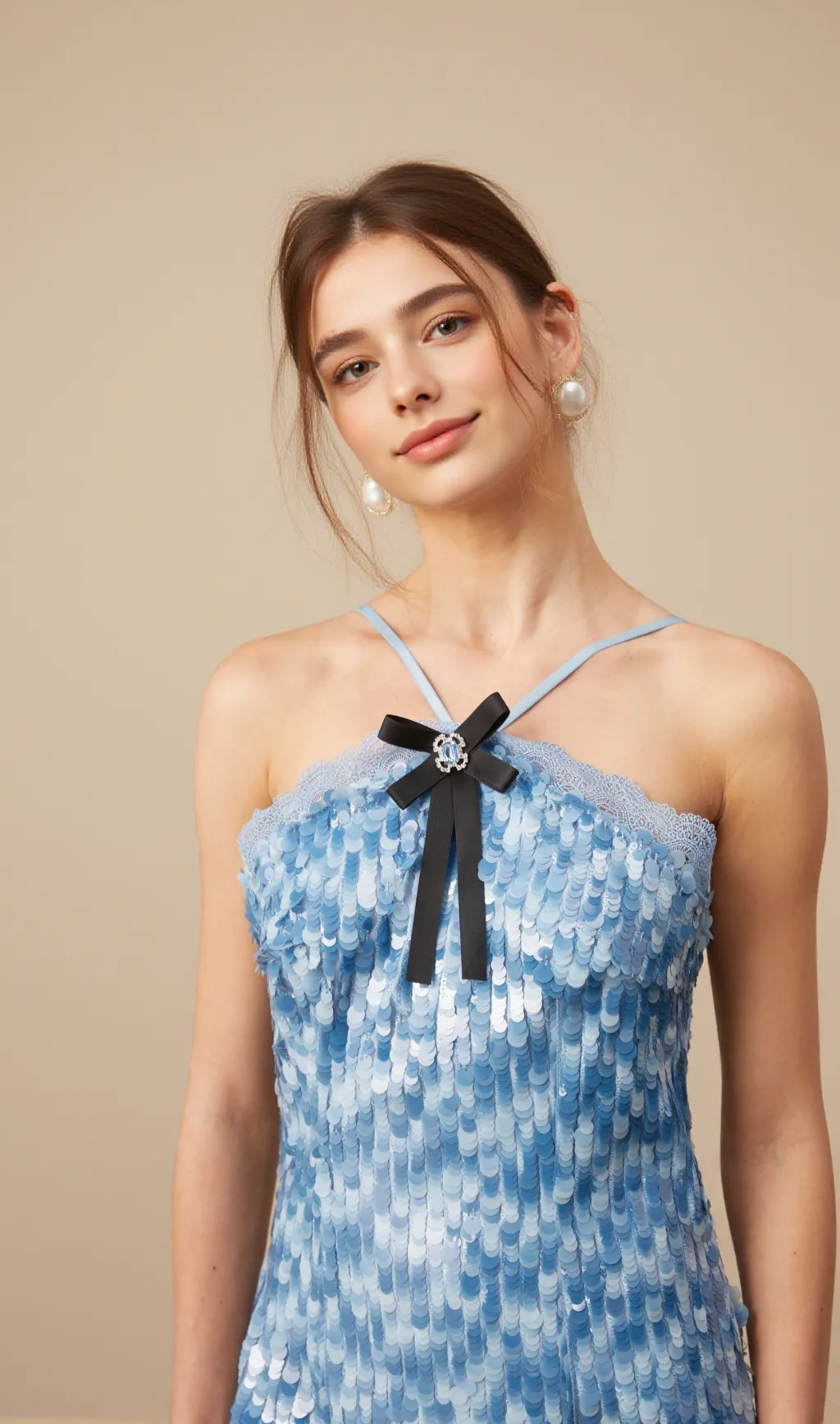 Victoire blue halterneck sequined mini dress
