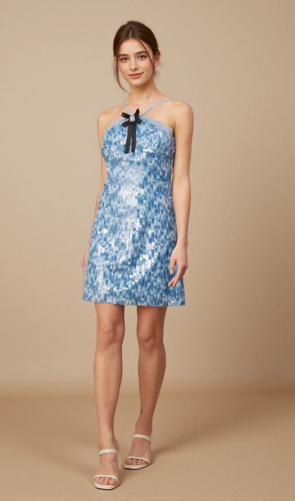 Victoire blue halterneck sequined mini dress