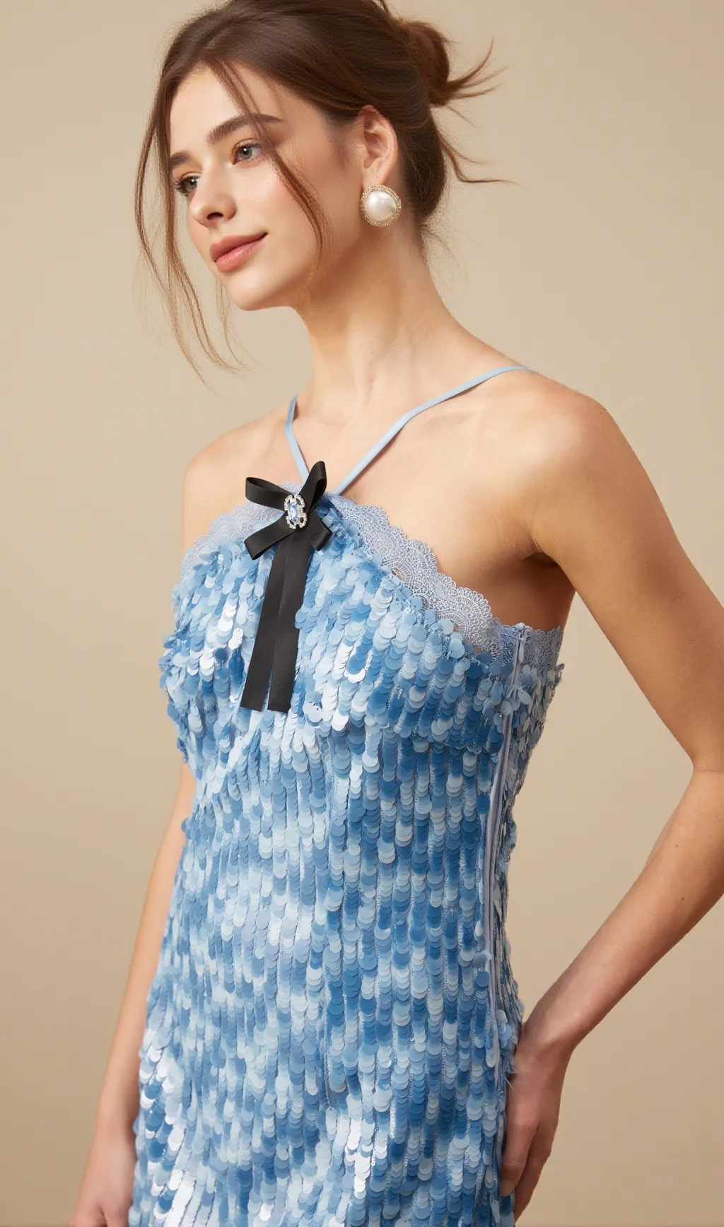 Victoire blue halterneck sequined mini dress
