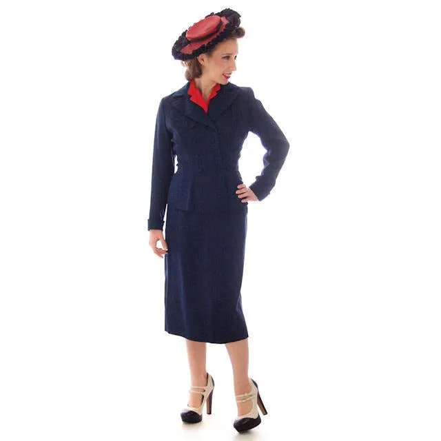 Vintage Womens Double Breasted Gab Suit 1940s Navy Blue 34-24-24