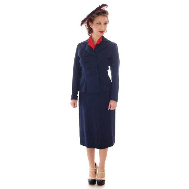 Vintage Womens Double Breasted Gab Suit 1940s Navy Blue 34-24-24