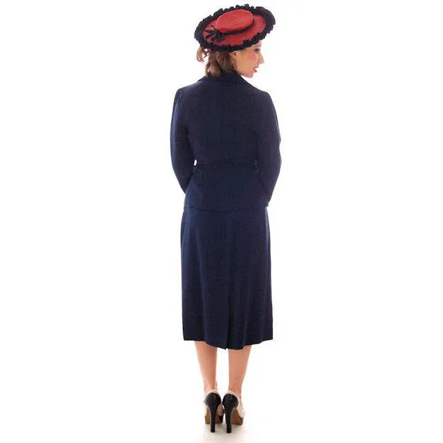 Vintage Womens Double Breasted Gab Suit 1940s Navy Blue 34-24-24