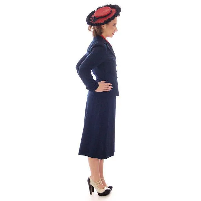 Vintage Womens Double Breasted Gab Suit 1940s Navy Blue 34-24-24