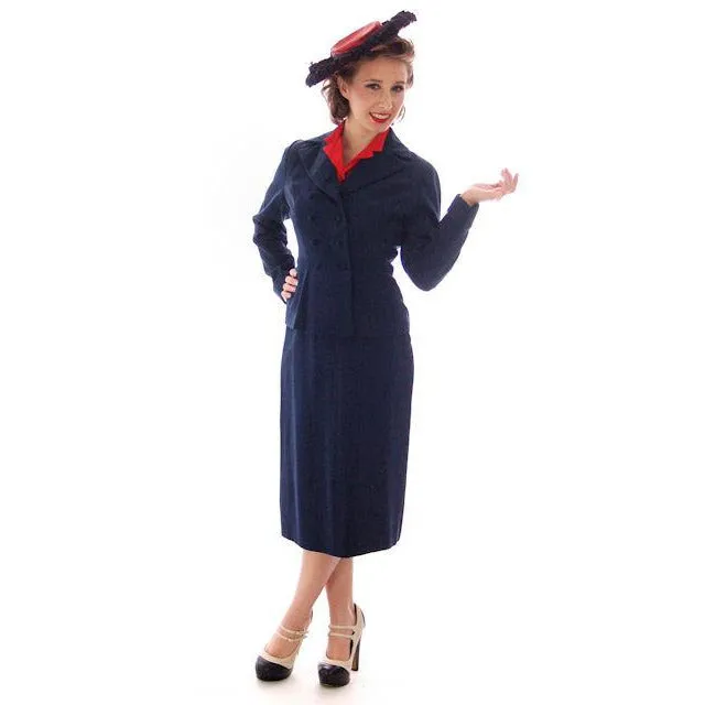 Vintage Womens Double Breasted Gab Suit 1940s Navy Blue 34-24-24