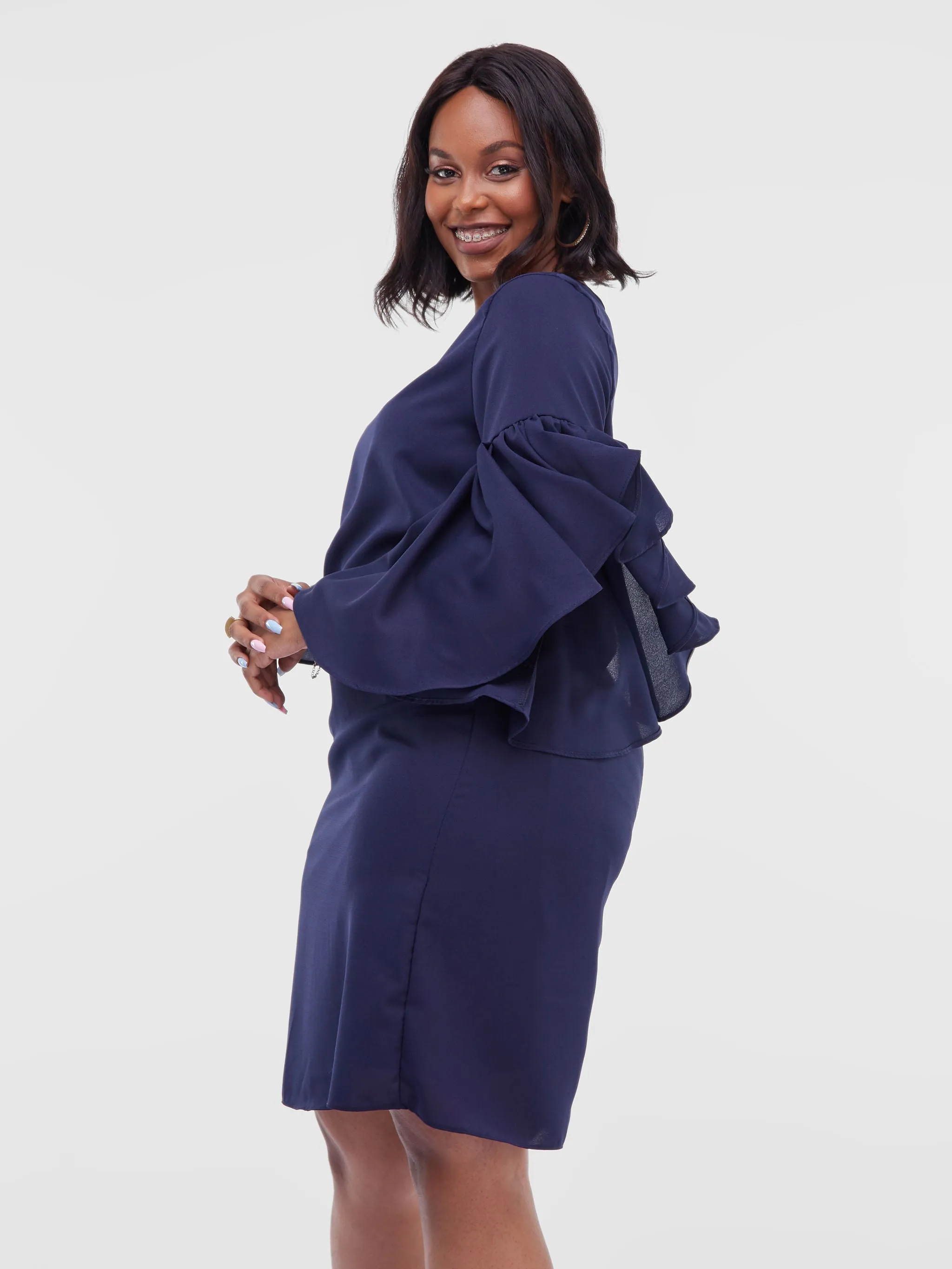 Vivo Thando Flounce Sleeve Shift Dress - Navy Blue