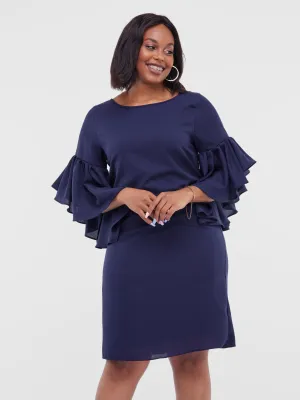 Vivo Thando Flounce Sleeve Shift Dress - Navy Blue