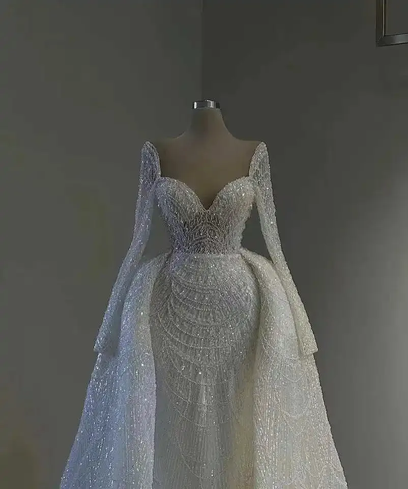 Wedding Dresses With Detachable Train Long Sleeves Pearls Wedding Gowns