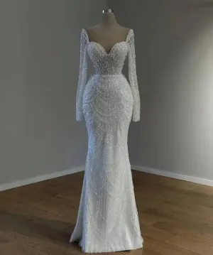 Wedding Dresses With Detachable Train Long Sleeves Pearls Wedding Gowns