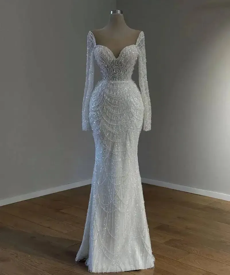 Wedding Dresses With Detachable Train Long Sleeves Pearls Wedding Gowns