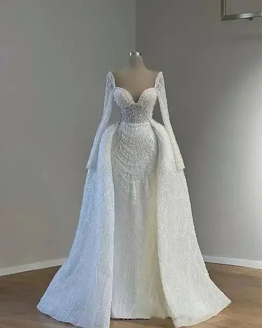 Wedding Dresses With Detachable Train Long Sleeves Pearls Wedding Gowns