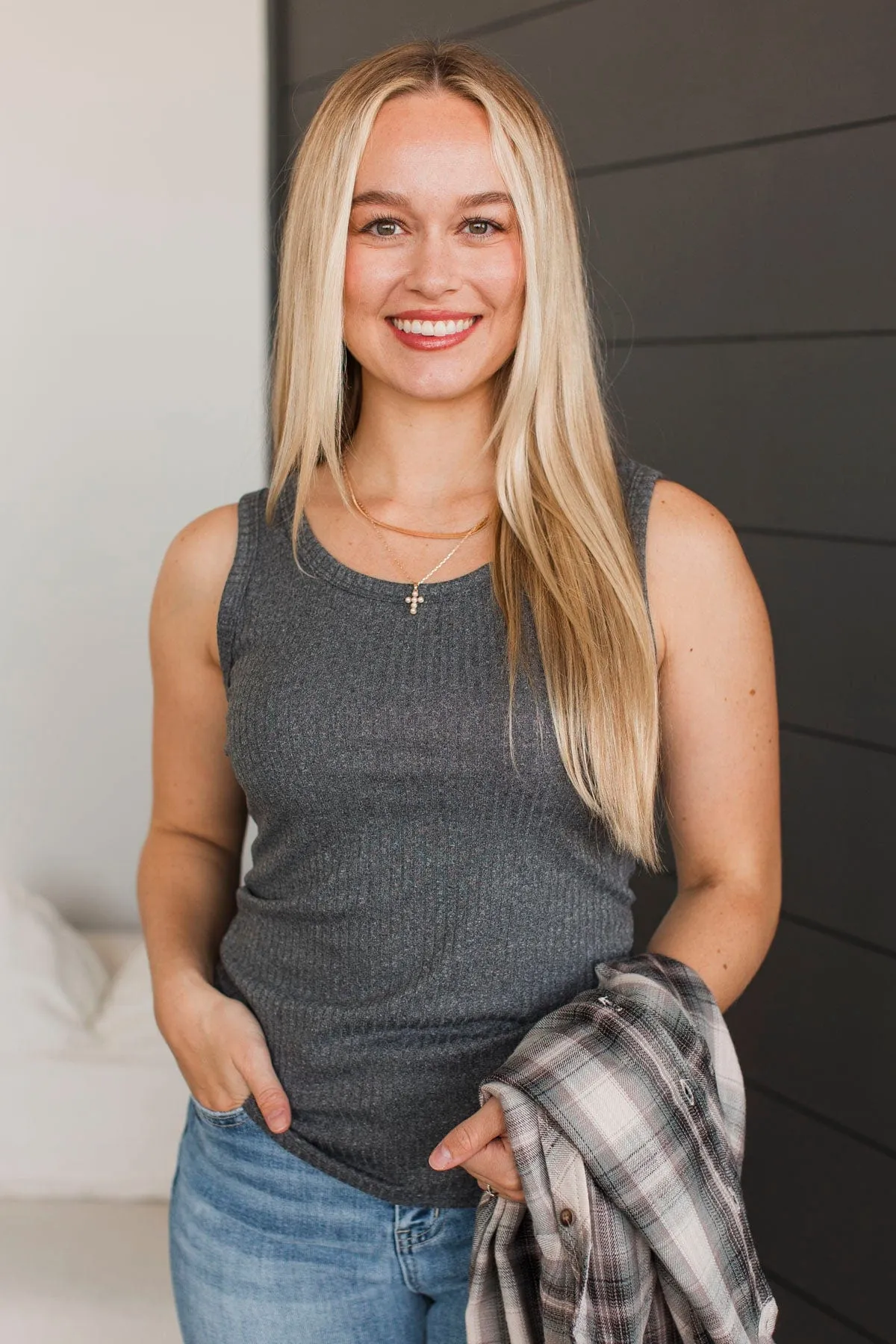 What A Delight Ribbed Tank Top- Charcoal