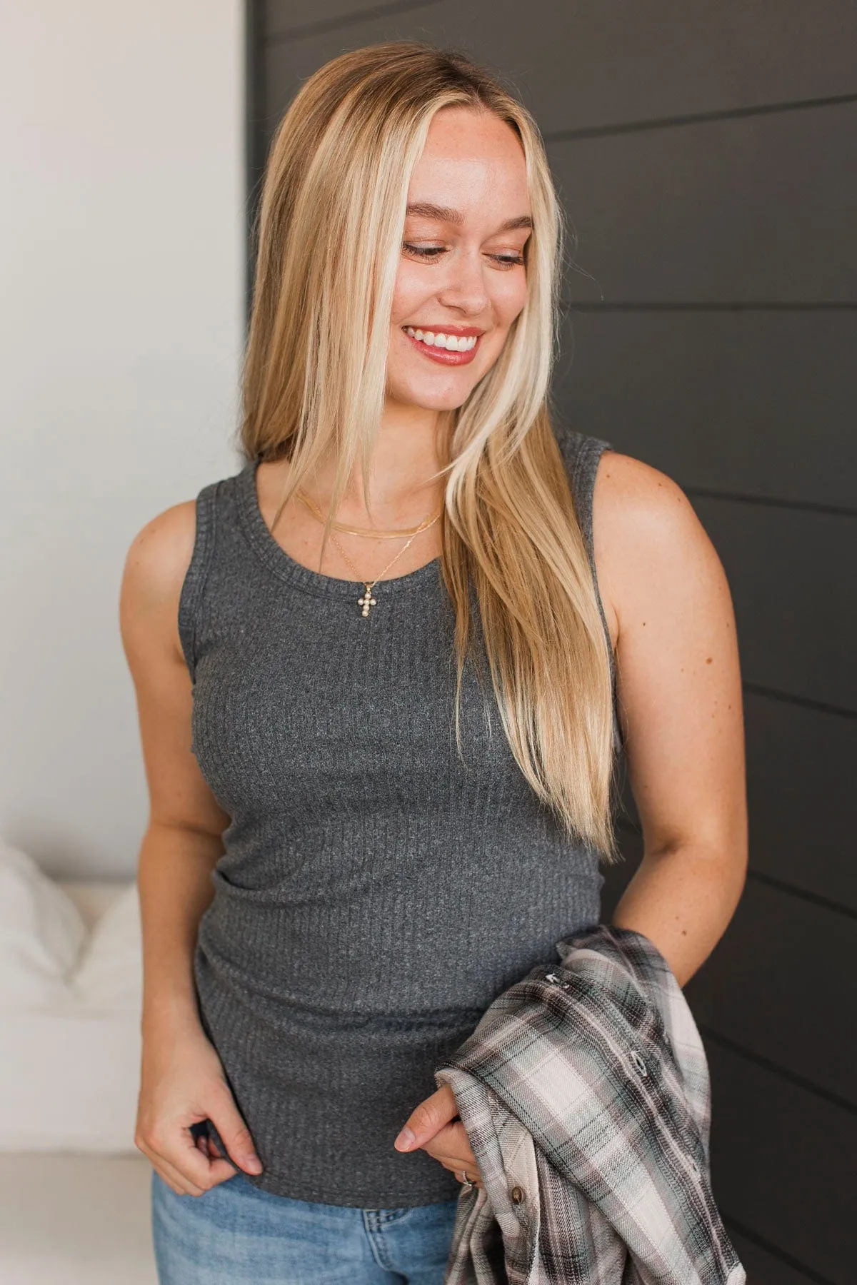 What A Delight Ribbed Tank Top- Charcoal