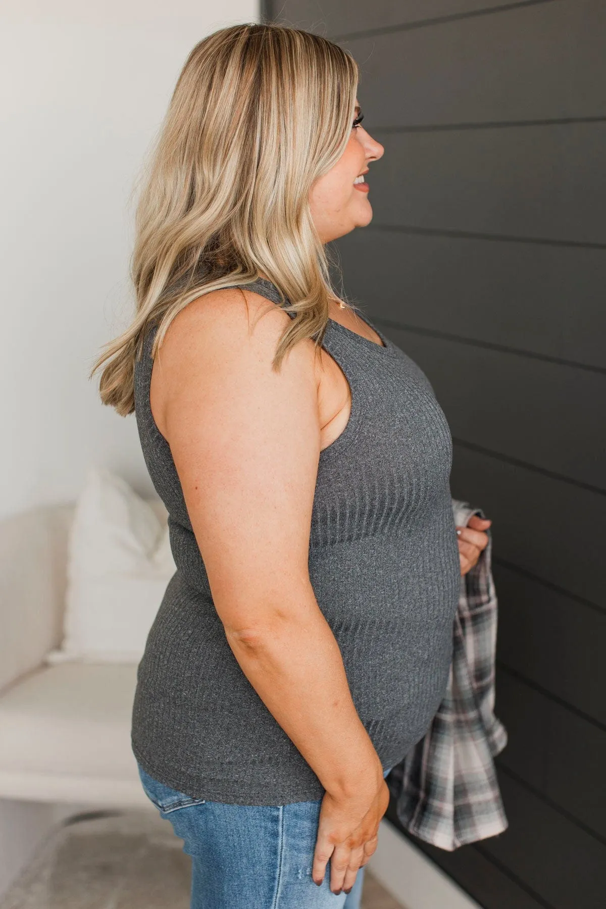 What A Delight Ribbed Tank Top- Charcoal