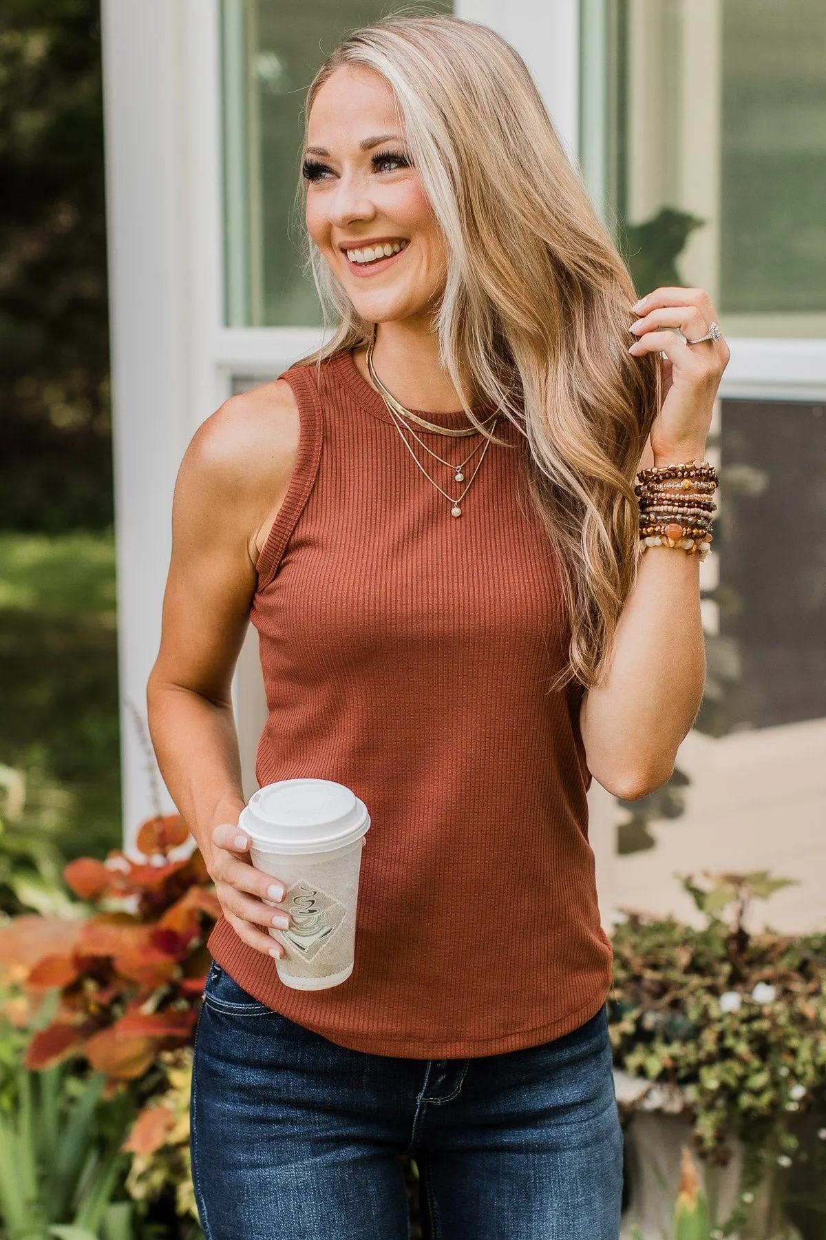 Where To Now Ribbed Tank Top- Brick