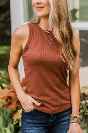 Where To Now Ribbed Tank Top- Brick