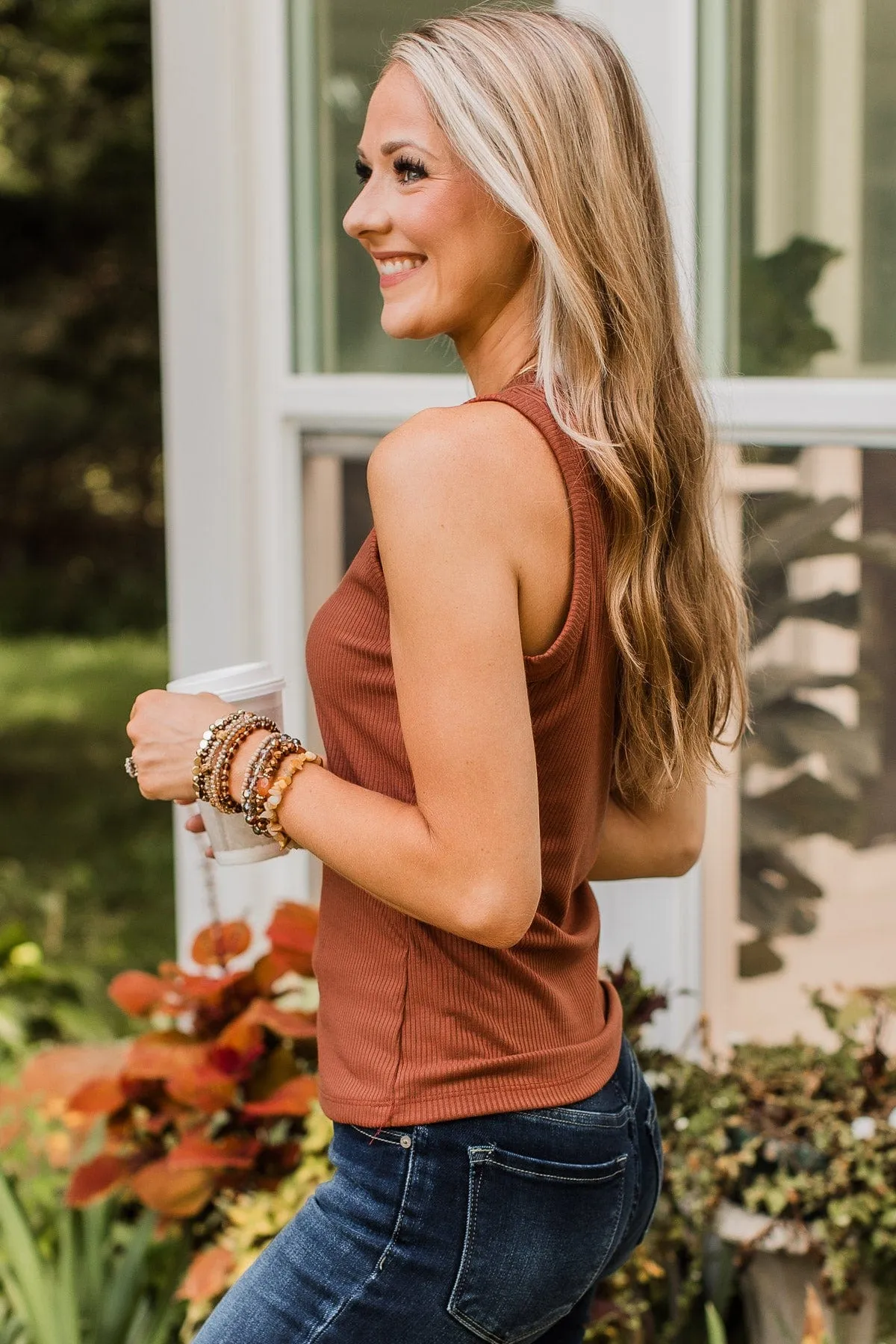 Where To Now Ribbed Tank Top- Brick