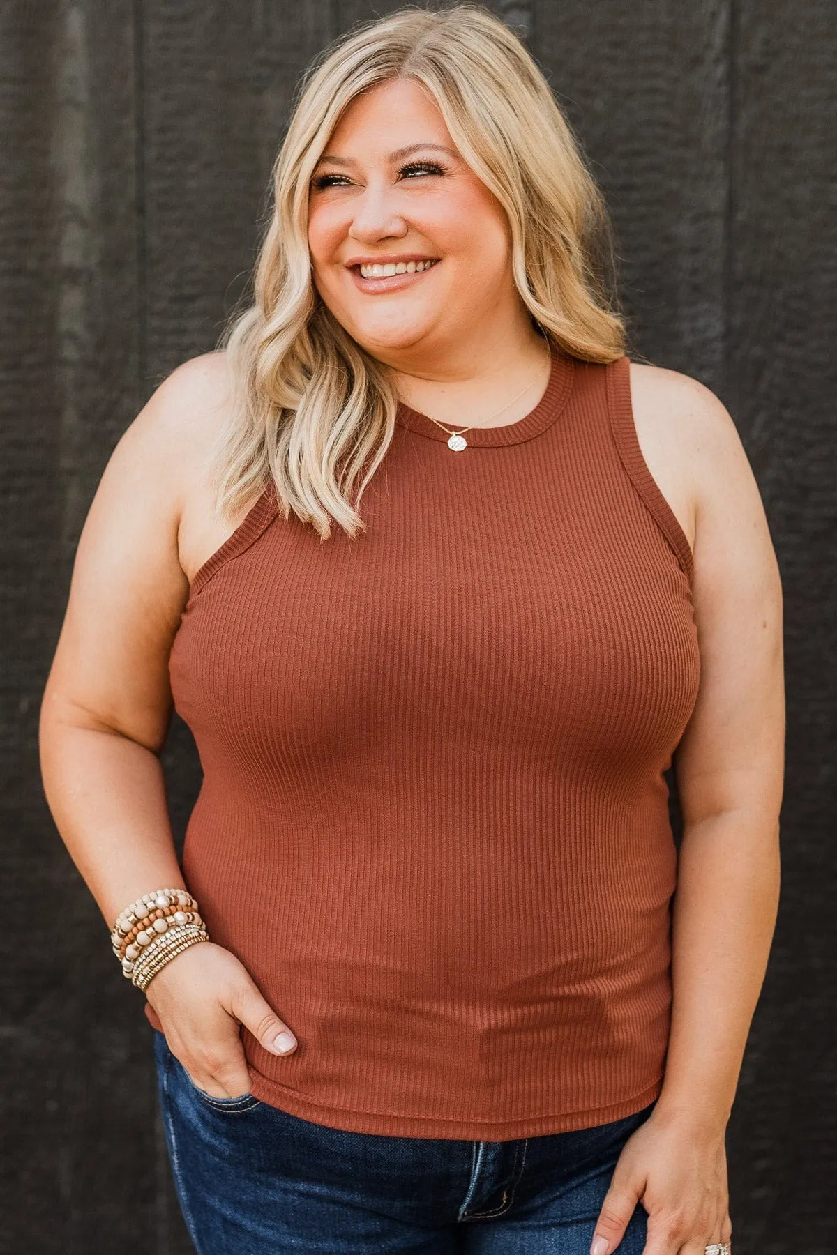 Where To Now Ribbed Tank Top- Brick