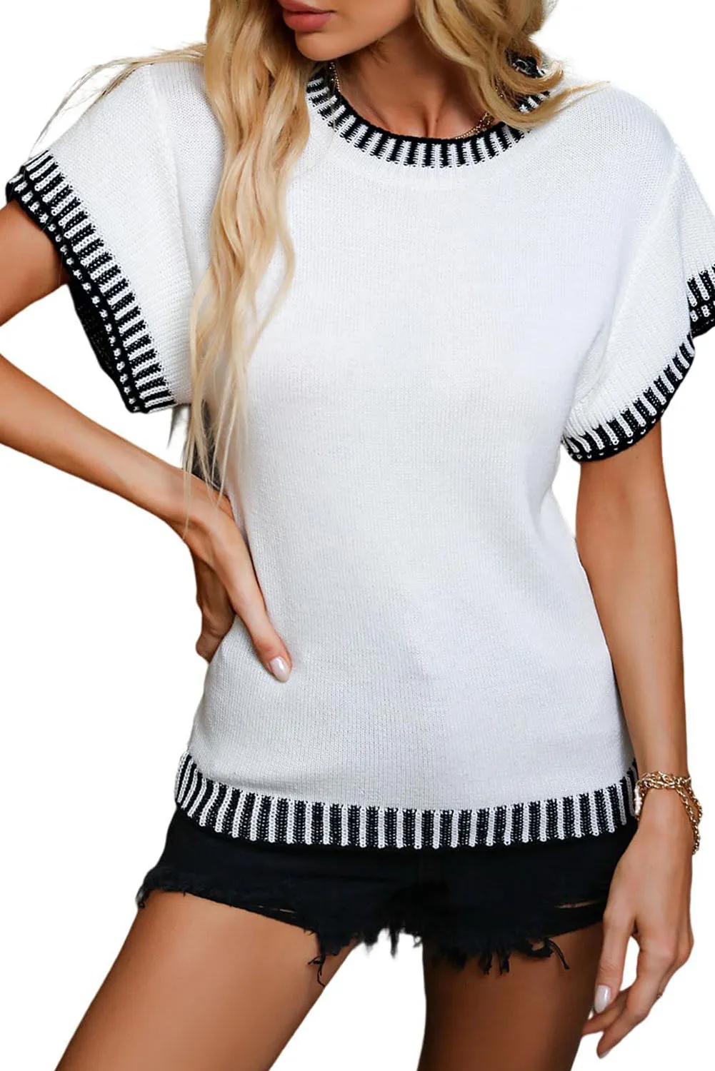 White Contrast Trim Round Neck Batwing Sleeve Knitted Top