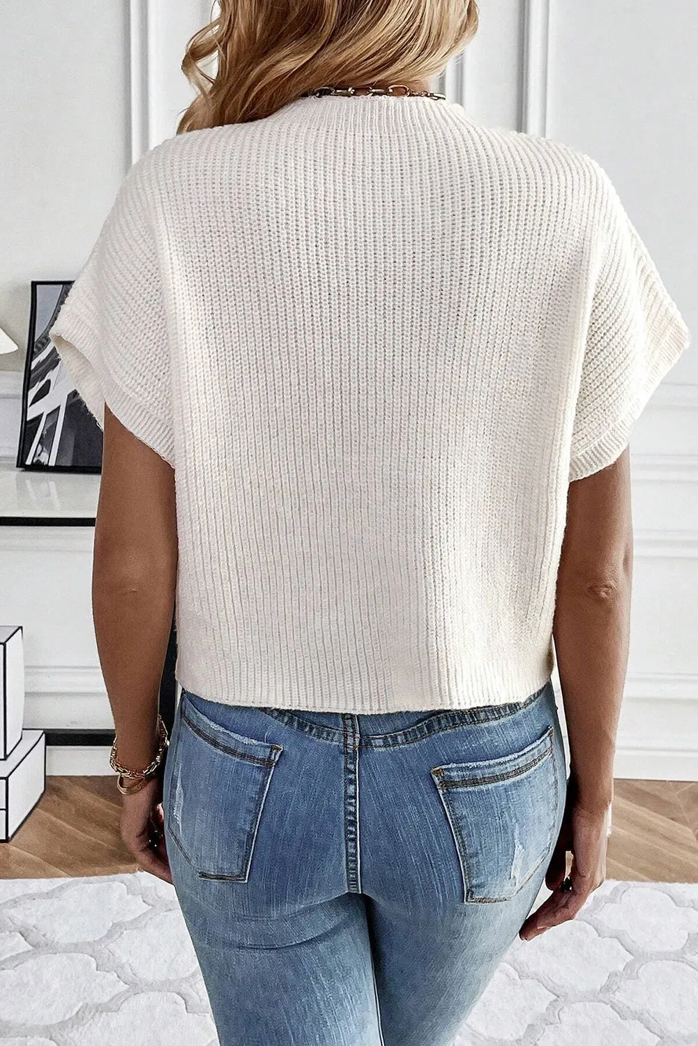 White Floral Pattern Short Batwing Sleeve Sweater