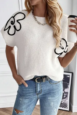 White Floral Pattern Short Batwing Sleeve Sweater