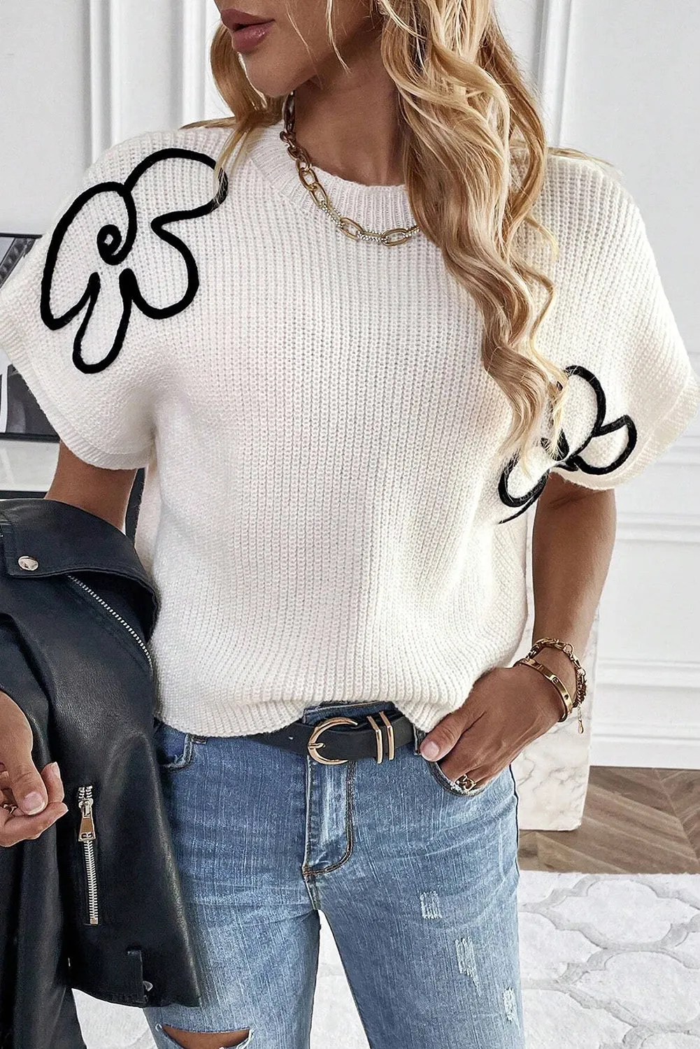 White Floral Pattern Short Batwing Sleeve Sweater