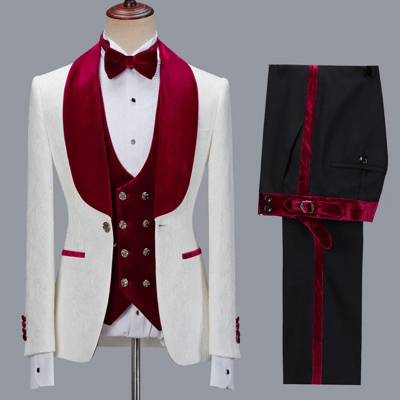 White Jacquard Three Pieces Wedding Groom Men Suits with Velvet Lapel