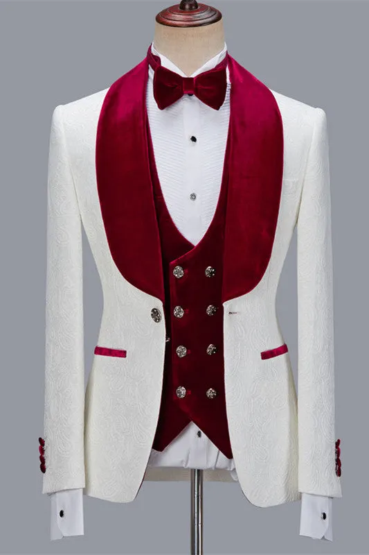 White Jacquard Three Pieces Wedding Groom Men Suits with Velvet Lapel