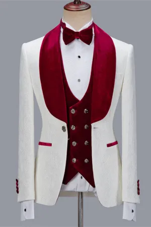 White Jacquard Three Pieces Wedding Groom Men Suits with Velvet Lapel