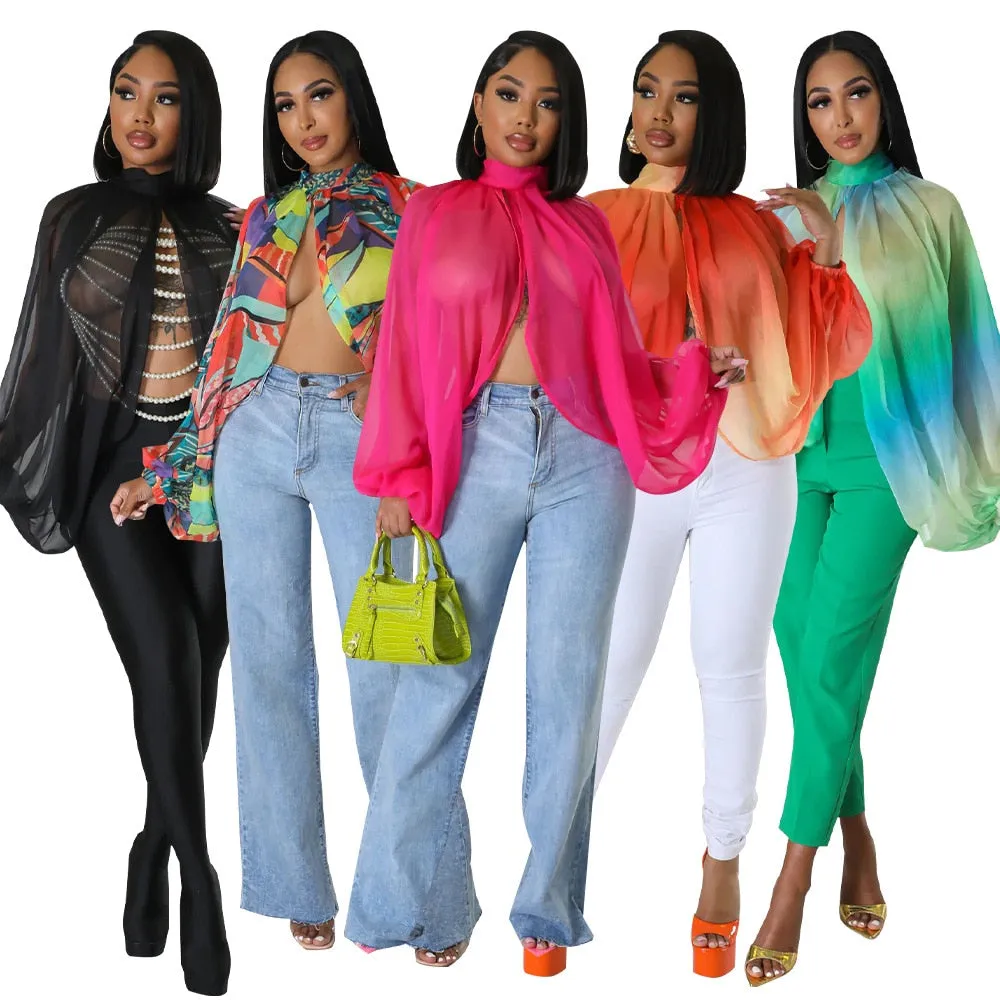 Women Fashion Printed Batwing Long Sleeve Front Split See Though Loose Sexy Party Club Blouse and Shirt Tops