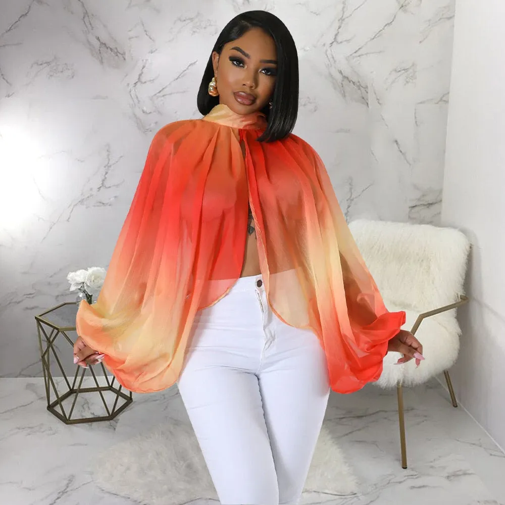 Women Fashion Printed Batwing Long Sleeve Front Split See Though Loose Sexy Party Club Blouse and Shirt Tops
