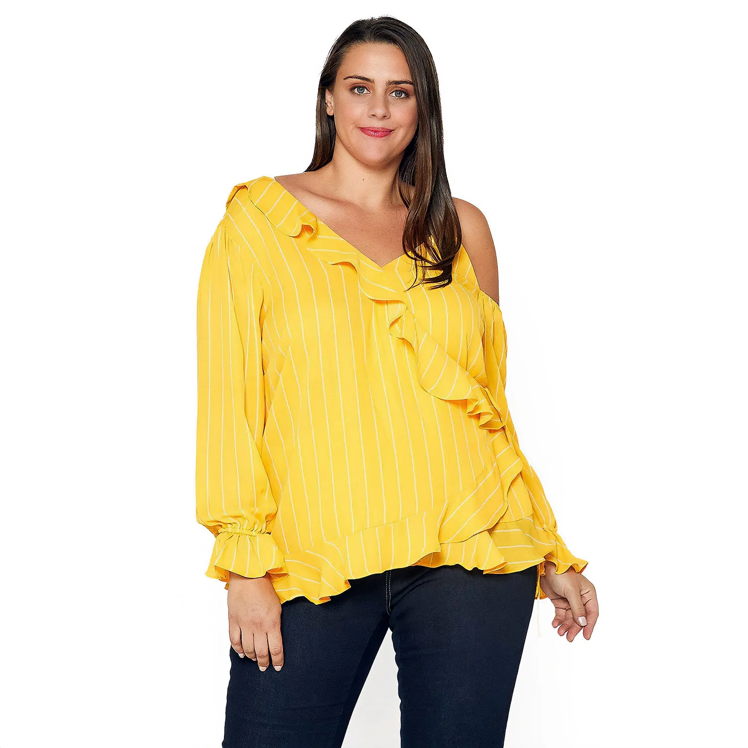 Women's Plus Size Asymmetrical Shoulder Ruffle Blouse