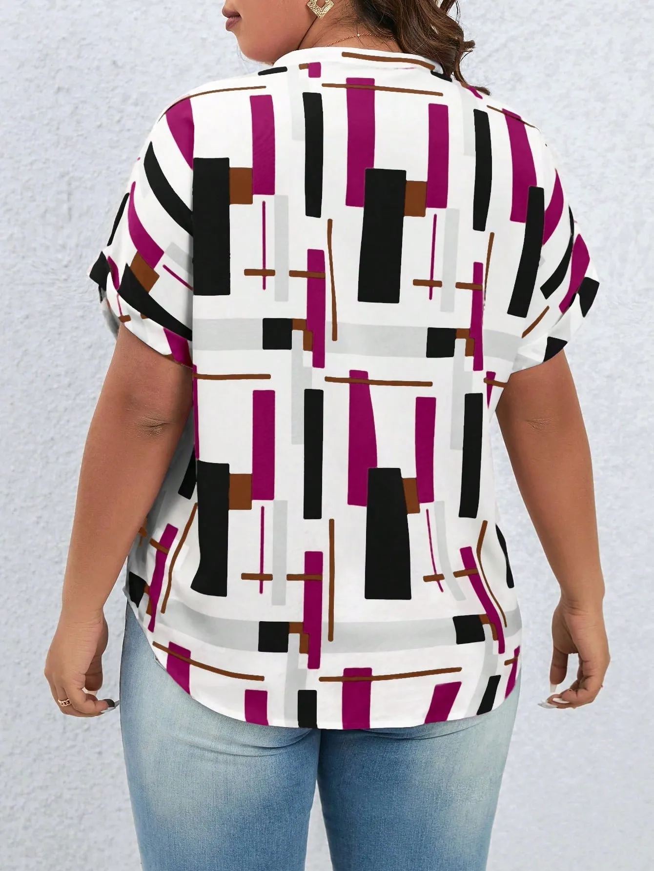 Women's Plus Size Geo Print Batwing Sleeve Popover Blouse