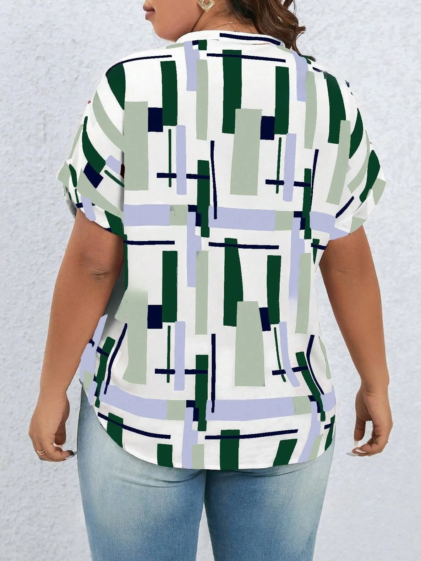 Women's Plus Size Geo Print Batwing Sleeve Popover Blouse