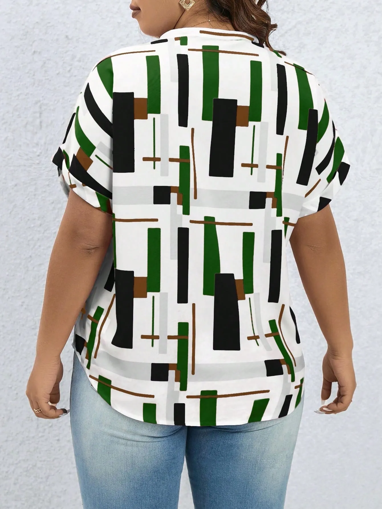 Women's Plus Size Geo Print Batwing Sleeve Popover Blouse
