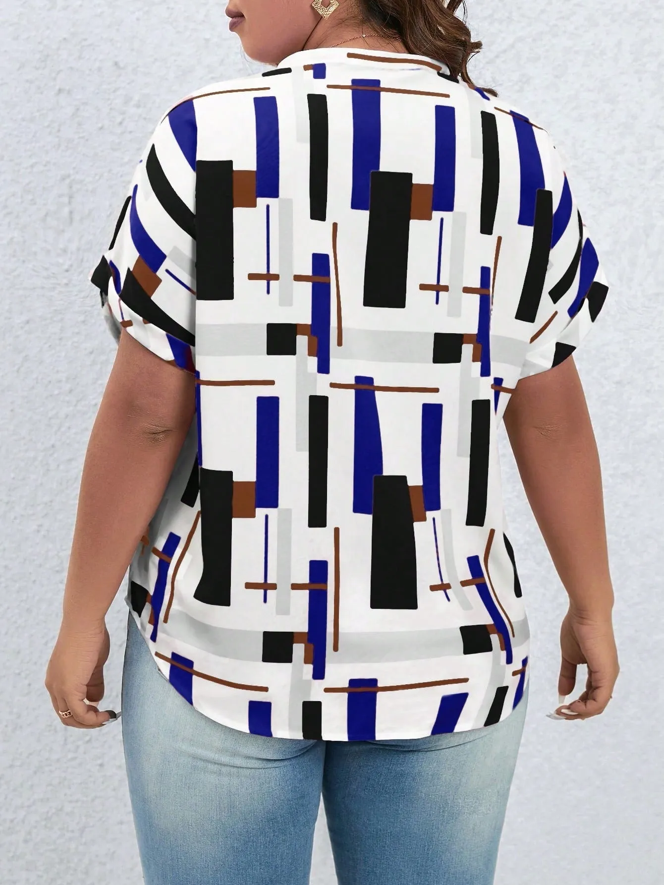 Women's Plus Size Geo Print Batwing Sleeve Popover Blouse
