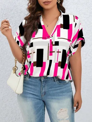 Women's Plus Size Geo Print Batwing Sleeve Popover Blouse