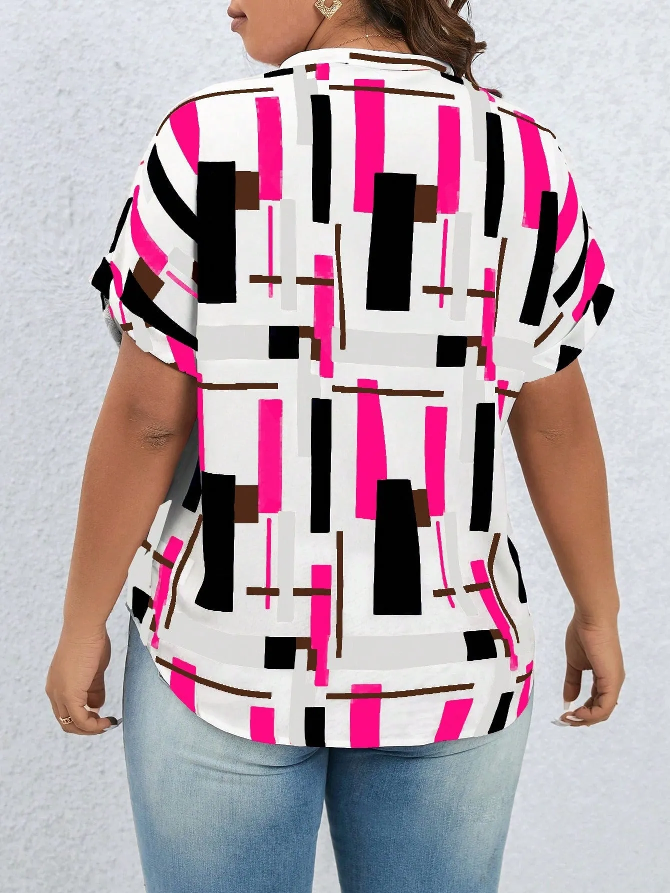 Women's Plus Size Geo Print Batwing Sleeve Popover Blouse