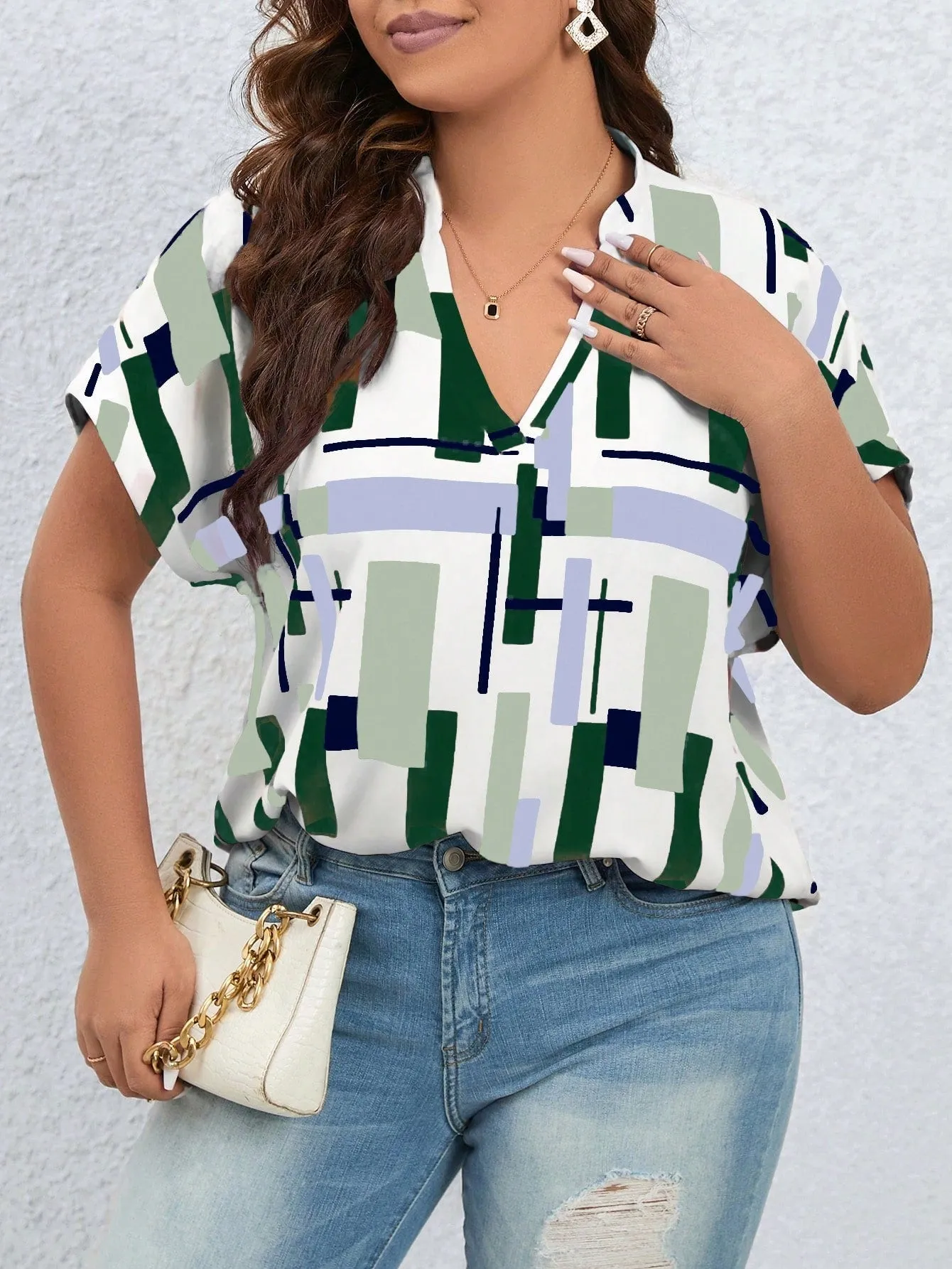 Women's Plus Size Geo Print Batwing Sleeve Popover Blouse