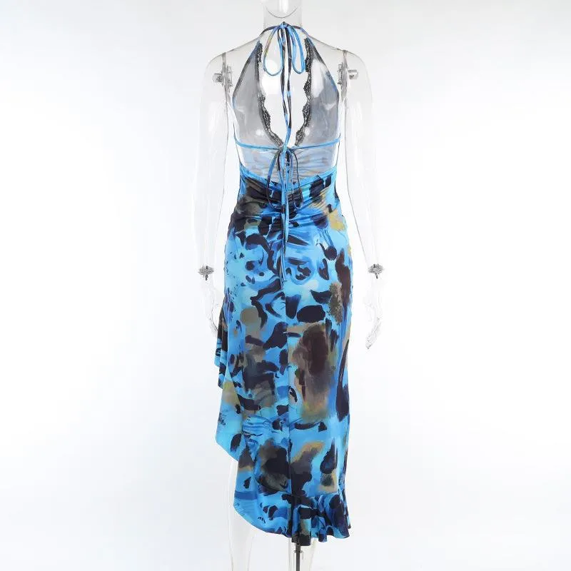 Women's Sexy Backless Bodycon Party Midi Dress Blue Print Ruffle Summer Chic Lace Dress