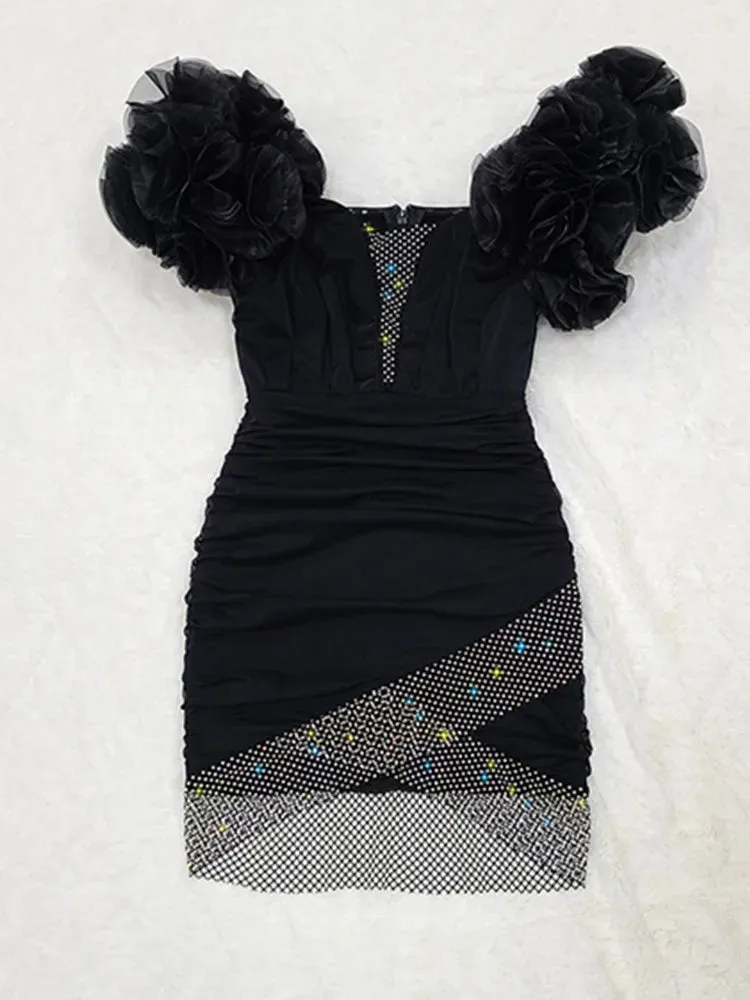 Women's Sexy Off Shoulder  Mini Bodycon Dress Ruffles Mesh Embellished with Crystal Diamonds  Black Bandage Dress Elegant Evening Party Dress