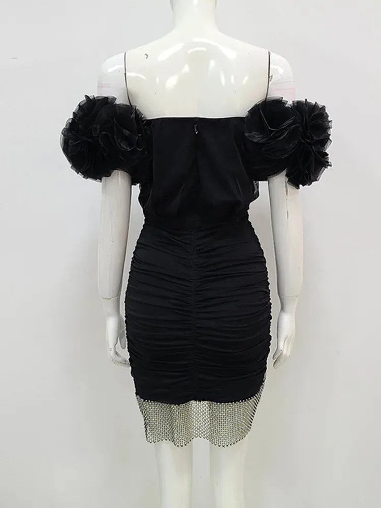 Women's Sexy Off Shoulder  Mini Bodycon Dress Ruffles Mesh Embellished with Crystal Diamonds  Black Bandage Dress Elegant Evening Party Dress