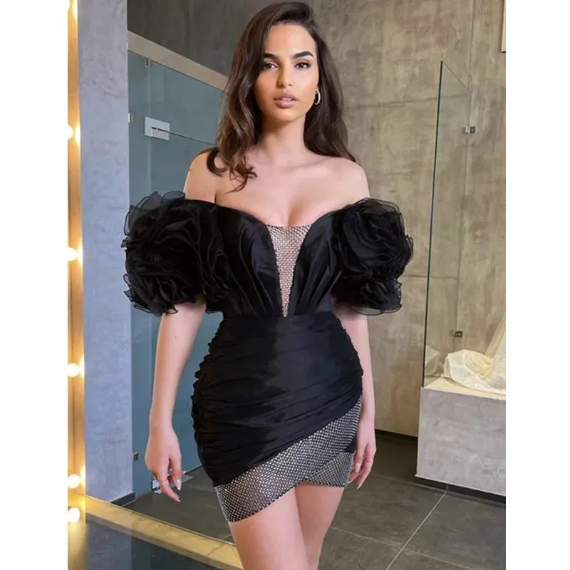 Women's Sexy Off Shoulder  Mini Bodycon Dress Ruffles Mesh Embellished with Crystal Diamonds  Black Bandage Dress Elegant Evening Party Dress