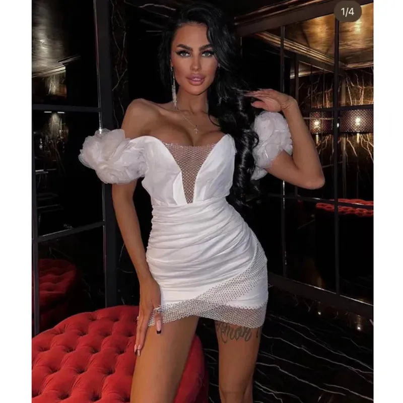 Women's Sexy Off Shoulder  Mini Bodycon Dress Ruffles Mesh Embellished with Crystal Diamonds  Black Bandage Dress Elegant Evening Party Dress