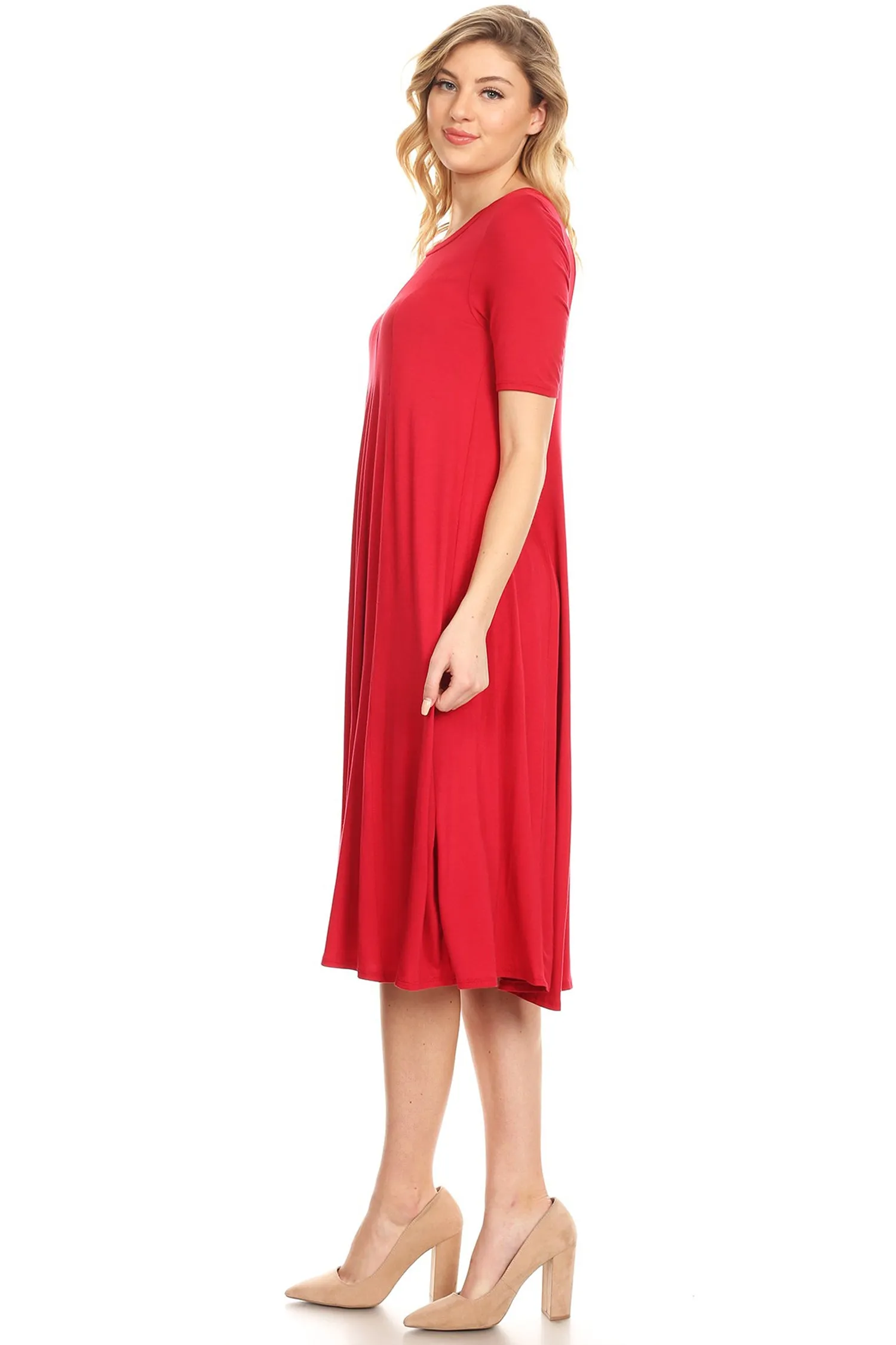 Women's Solid Casual Comfy Short Sleeve Jersey Knit A-Line Midi Dress