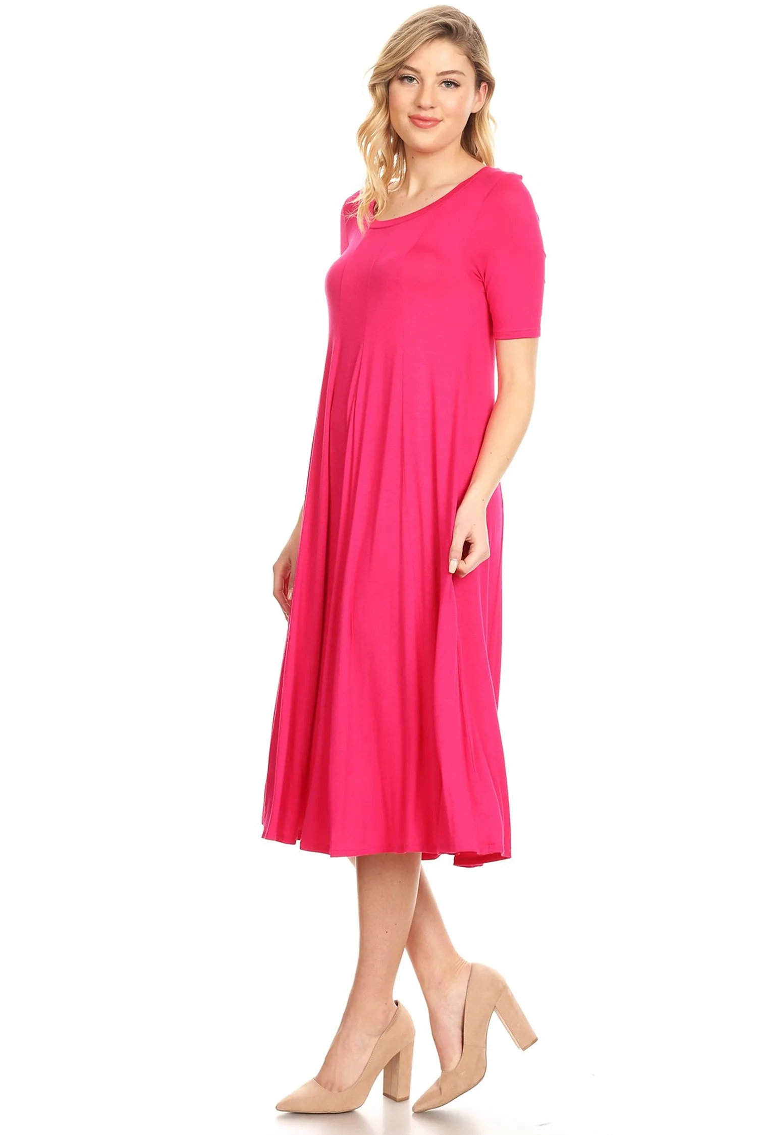 Women's Solid Casual Comfy Short Sleeve Jersey Knit A-Line Midi Dress