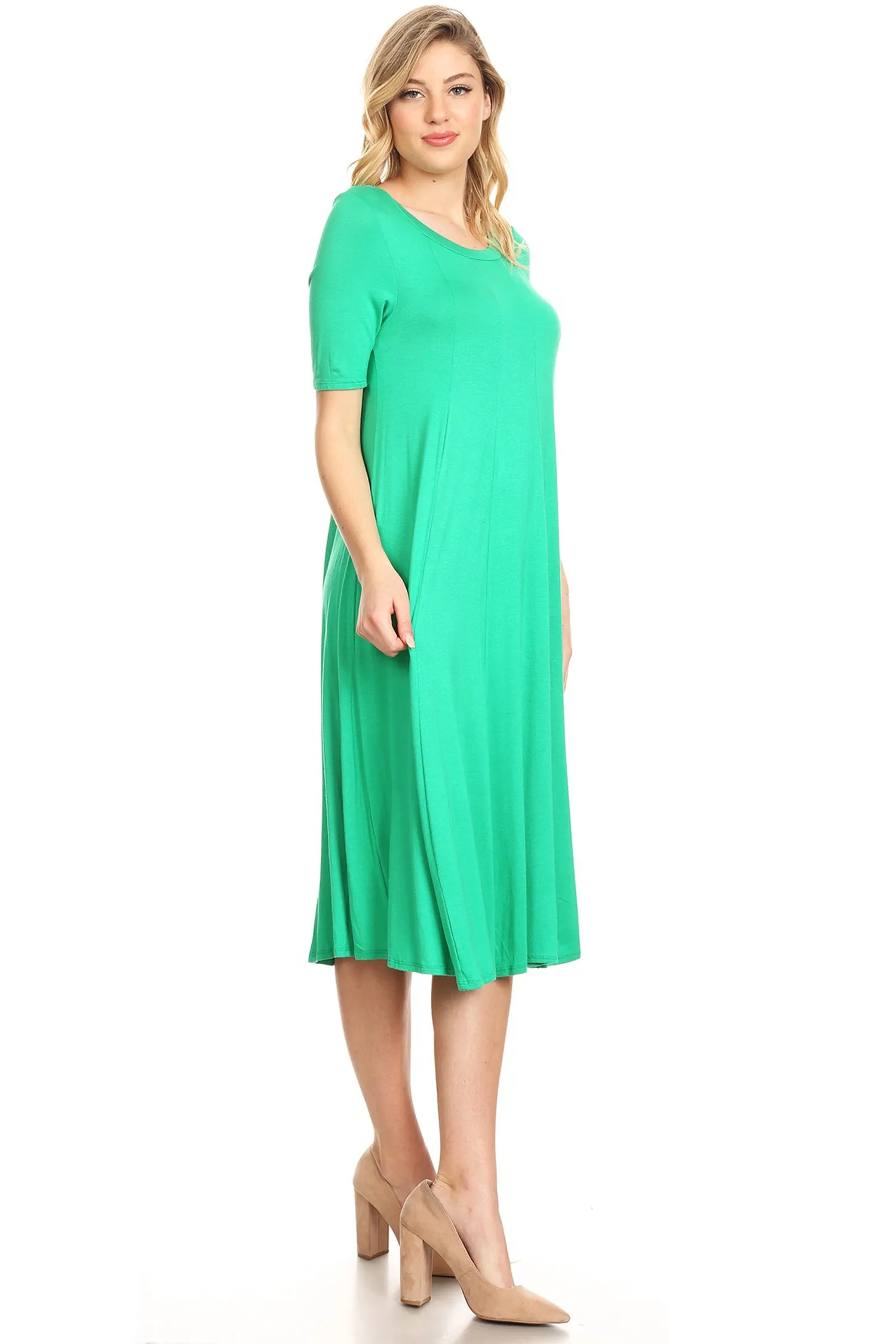 Women's Solid Casual Comfy Short Sleeve Jersey Knit A-Line Midi Dress