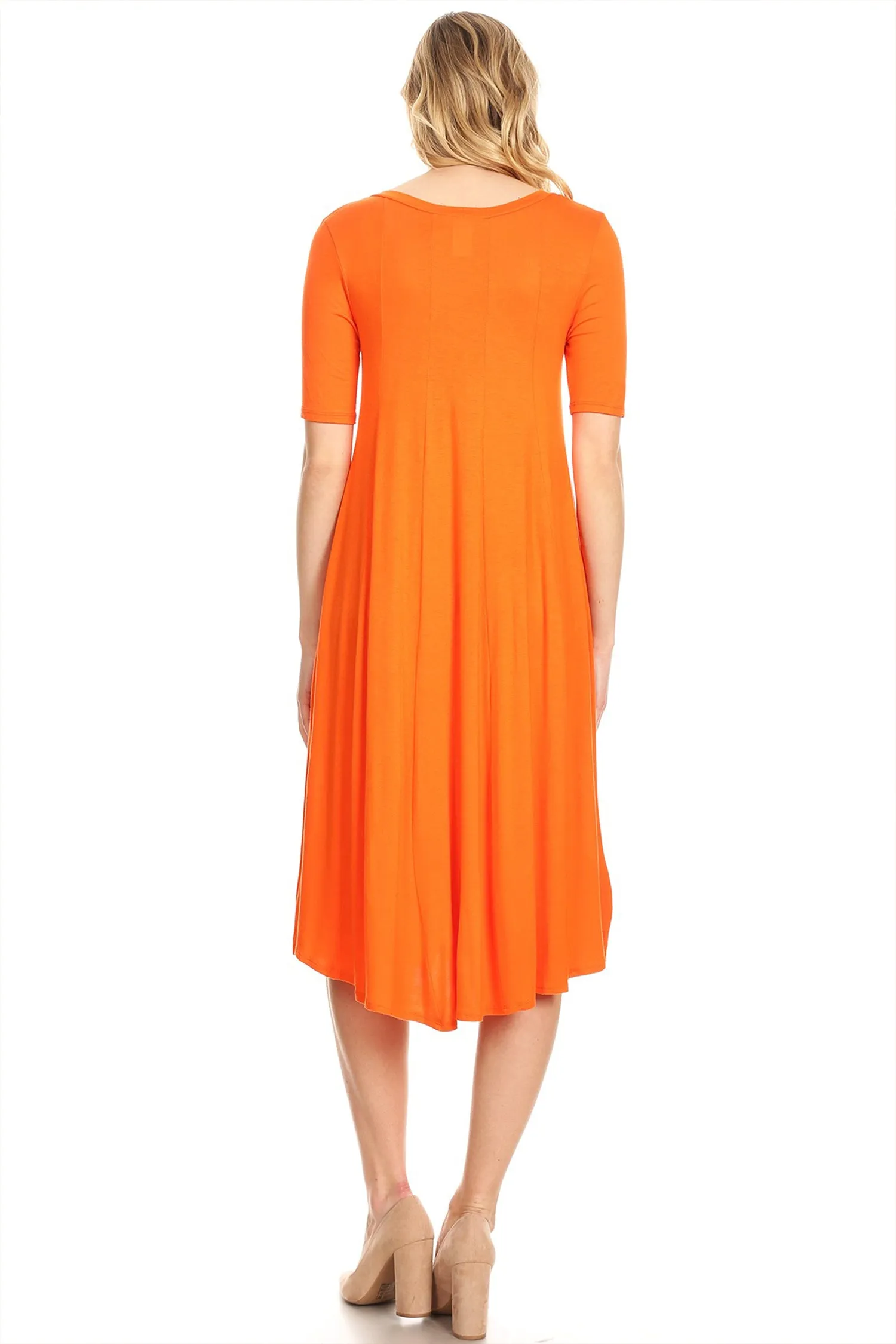 Women's Solid Casual Comfy Short Sleeve Jersey Knit A-Line Midi Dress