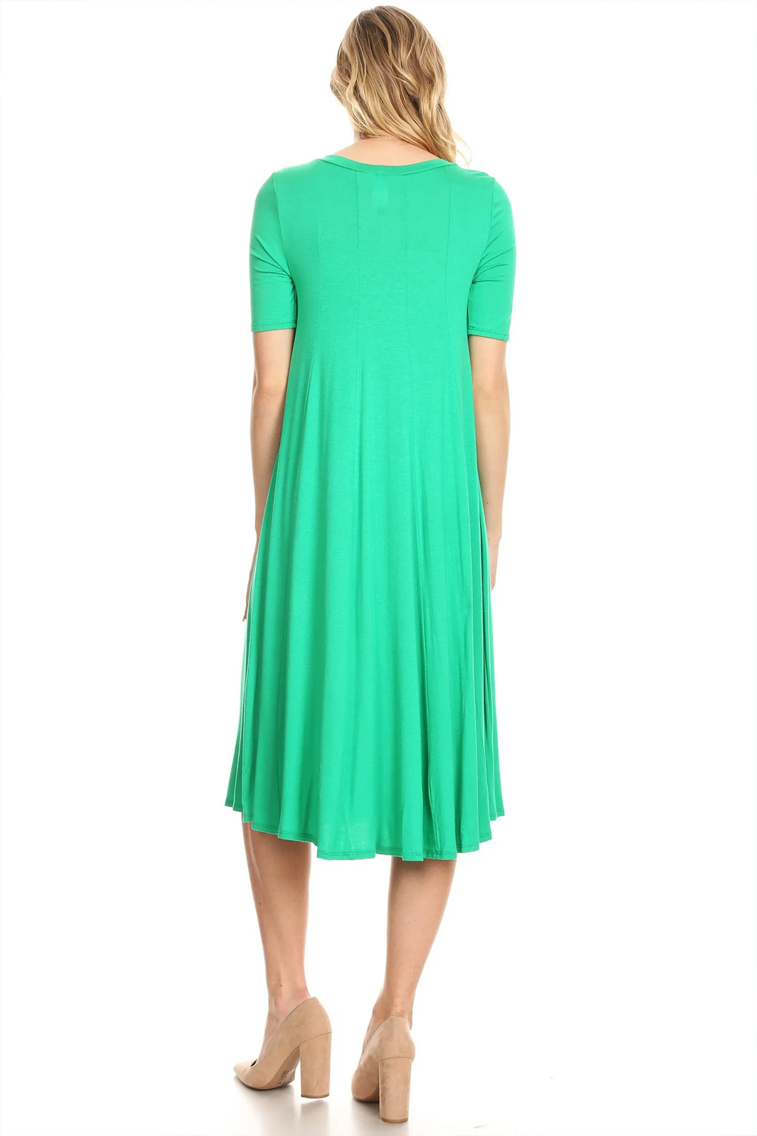 Women's Solid Casual Comfy Short Sleeve Jersey Knit A-Line Midi Dress