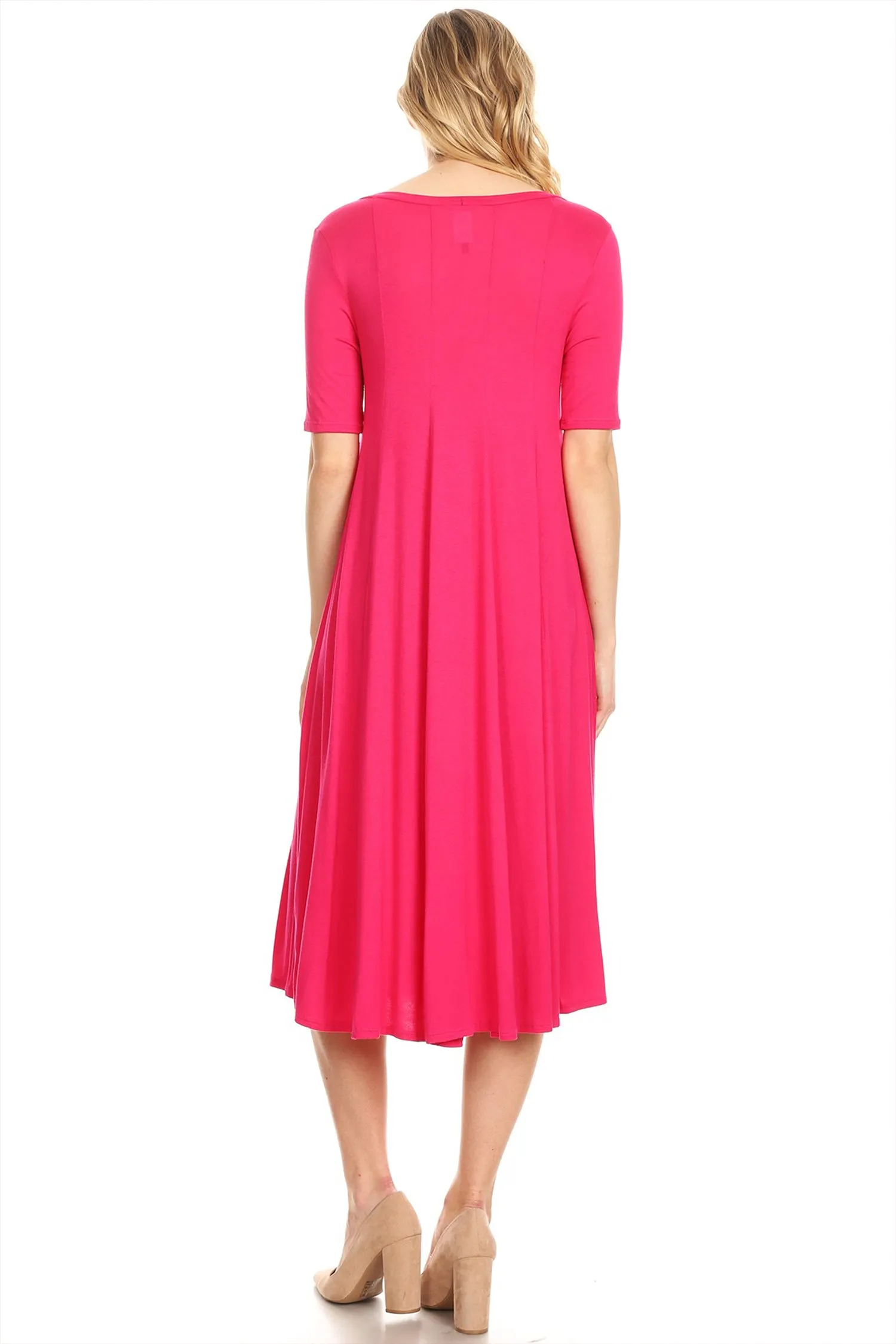 Women's Solid Casual Comfy Short Sleeve Jersey Knit A-Line Midi Dress