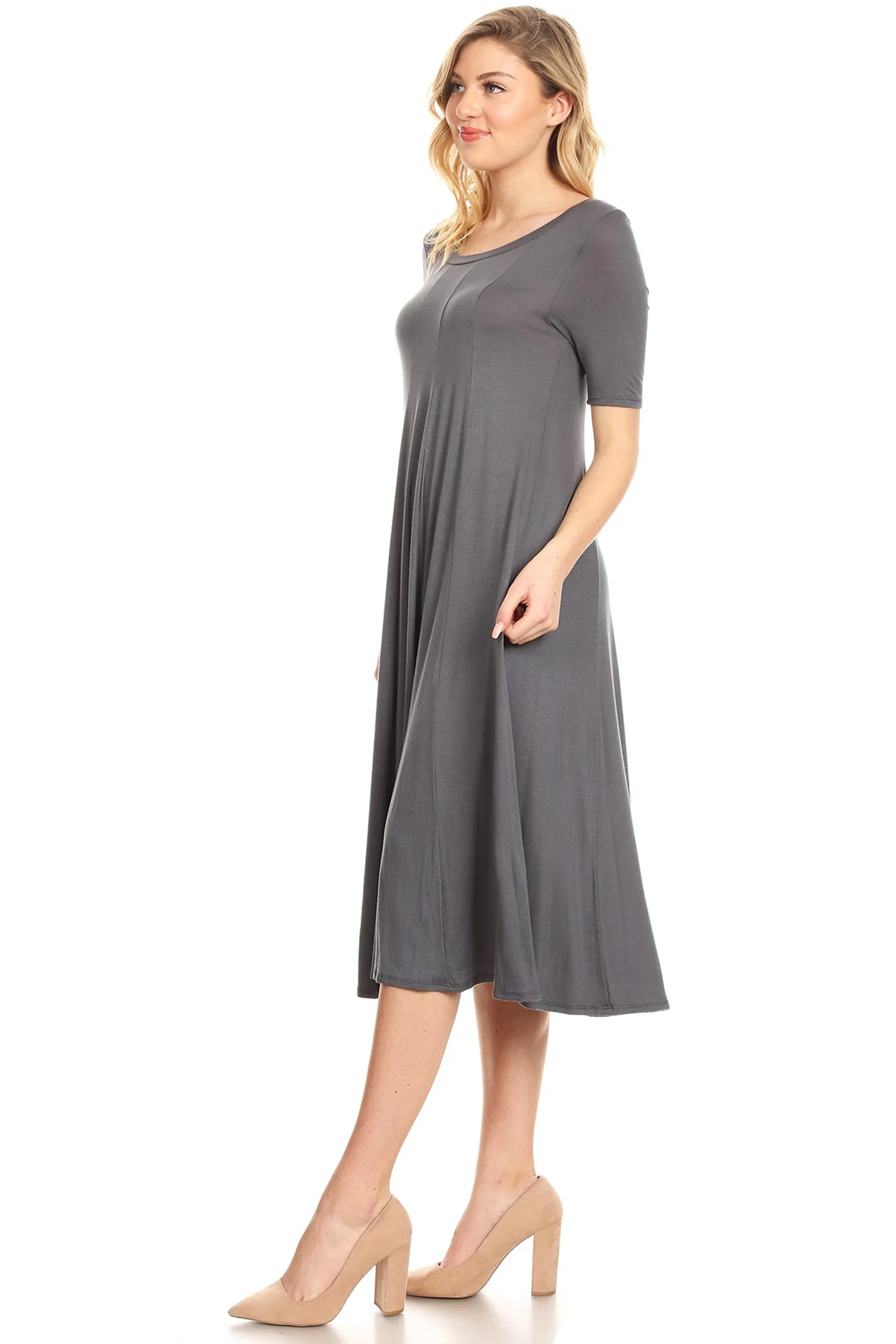 Women's Solid Casual Comfy Short Sleeve Jersey Knit A-Line Midi Dress